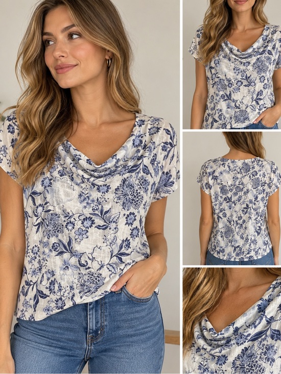 Rachel Zoe Tops - Rachel Zoe 100% Linen Floral Top Women’s L Blue Ivory Cowl Neck Blouse